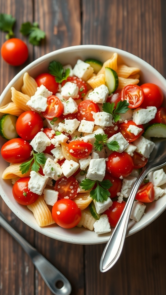 A colorful Mediterranean feta pasta salad with tomatoes, cucumbers, olives, and feta cheese in a bowl on a wooden table.